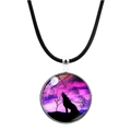 Detail view of howlin wolf moon glass pendant on black cord necklace with purple sky - Purple Pink Sunset Wolf Howl (JY00576-2)
