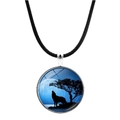 Detail showing howling wolf glass dome pendant with black cord on white background - Deep Blue Moonlight Wolf Howl (JY00576-3)