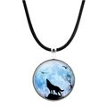 Close-up of howling wolf pendant necklace with blue moon glass cabochon and black cord - Wolf Howling on Blue Moon Cliff (JY00576-4)