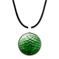 Green dragon scale glass pendant necklace with silver frame and black leather cord strap - Dark Green Dragon Scale Pattern (JY006282-11)