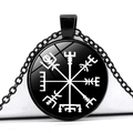 Viking Vegvisir compass necklace with black metal chain and glass dome pendant charm - Black White Compass (JY006280-11)