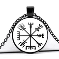 Vintage Viking Compass necklace featuring a black metal frame and Vegvisir pendant detail - White Background Black Compass (JY006280-10)