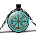 Vintage Viking Vegvisir compass necklace with green time gem pendant and black chain - Green Background Compass (JY006280-9)