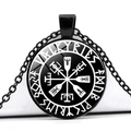 Viking Valkyries compass pendant necklace with glass cabochon and black alloy chain - VALKYRIES Text Design (JY006280-8)