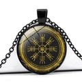 Viking Vegvisir compass necklace with black metal frame and glass dome pendant on a chain - Black Background Gold Compass (JY006280-7)