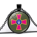 Close-up of Ukraine Armed Forces emblem on round black metal pendant with chain - Armed Forces Badge Style (JY006289-5)