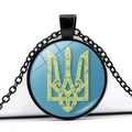 Macro detail of Ukraine coat of arms glass cabochon pendant with black metal chain - Blue Base Yellow Trident Style (JY006289-6)