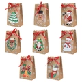 Set van 8 kerstcadeautasjes van kraftpapier met sneeuwvlokken en rode decoratieve linten - Sneeuwvlok Papieren Zak en Kleurenkaart