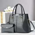 Detalle del conjunto de bolsos gris oscuro con textura de cocodrilo y herrajes dorados - Gris
