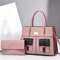 Roze patchwork handtas met grote capaciteit en bijpassende portemonnee met gesp - Roze