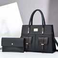 Black large capacity tote bag with brown buckle pockets and matching envelope wallet - Black