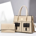 Two-piece minimalist tote bag and clutch set in ivory and brown contrast PU leather - Pink