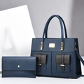 Detail of navy blue tote bag with contrast brown pockets and matching long wallet - Blue