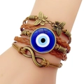 Mehrlagiges Lederarmband mit blauem Evil-Eye-Anhänger und bronzenem Unendlichkeitssymbol - Retro Blaues Evil Eye Design (JY006338-1)