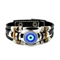 Detailed view of the layered black leather Evil Eye bracelet with antique beads and snap - Blue Evil Eye Style 5 (JY006350-5)