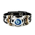 Macro detail of Turkish evil eye leather bracelet with vintage metal beads and wood rings - Blue Evil Eye Style 12 (JY006350-12)