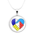 Silver snake chain necklace with round Ukraine flag heart handshake glass pendant - Handshake Heart Style (JY006308-15)