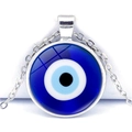 Blue Turkish evil eye glass pendant necklace with polished silver-toned metal chain - Classic Deep Blue Evil Eye Style (JY006323-1)