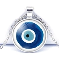 Blue evil eye necklace with silver chain and round glass pendant for fashion styling - Abstract Blue and White Smudge Art Style (JY006323-12)