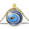 Close-up of a vintage blue evil eye glass pendant with bronze alloy chain on white background - Blue Gold Black Concentric Style (JY006321-8)