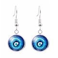 Minimalist evil eye glass drop earrings with silver hooks on a white background - Dark Blue Concentric Style (JY006330-2)