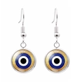 Turkish Blue Evil Eye glass drop earrings with silver hooks and sparkling gold accents - Gold Glitter Background Style (JY006330-3)