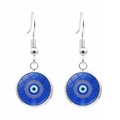 Close-up of blue glass evil eye earrings with silver fishhook wires on white background - Simple Concentric Style (JY006330-4)
