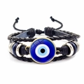 Handgefertigtes Lederarmband mit Evil-Eye-Anhänger und blauer Glasperle für Damen - Dunkelblauer Augenstil (JY006334-1)