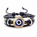 Handgefertigtes mehrlagiges Lederarmband mit Evil Eye Glasanhänger und Perlen - Klassischer Blau-Gelb-Schwarz Stil (JY006334-3)