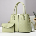 Detail of light green tote bag set with V-shaped woven texture and golden metal accents - Tote Bag And Envelope Clutch (707-2) / Mint Green