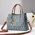 Gray denim tote bag with white lettering, brown leather straps and sea-themed charms - L26 W11 H19 / Gray