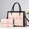 Blumiges Karomuster Handtaschen-Set mit rosa Jacquard-Stoff und schwarzen Ledergriffen - Rosa