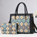 Blumiges Karomuster-Shopper-Set mit passender Clutch, blauen Motiven und Goldbeschlägen - Blau