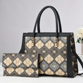 Blumen-Karo-Tragetaschen-Set mit passender Brieftasche und goldenen Beschlägen im Stil - Schwarz