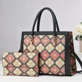 Floral plaid tote bag set with matching wallet and adjustable shoulder strap - Burgundy