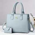 Light blue striped handbag set with gold hardware and matching card holder on white stand - 31x14x23.5cm / Sky Blue