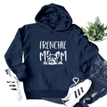 Navy Frenchie Mom hoodie featuring white graphics with casual denim and sneakers outfit - S / Navy Blue
