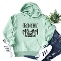 Detail of mint green Frenchie Mom hoodie with kangaroo pocket and ribbed cuffs - S / Light Green