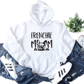Flat lay di una felpa bianca Frenchie Mom con grafica cane e dettagli con coulisse - S / Bianco