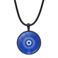 Blue Evil Eye pendant necklace with black leather cord on a white background - Dark Blue Dotted Evil Eye (JY006344-4)