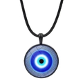 Blue evil eye pendant necklace with black cord and geometric mesh design on white background - Geometric Mesh Evil Eye (JY006344-5)