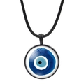 Detailed view of Evil Eye round pendant with blue glass dome and black braided rope - Classic Blue White Black Amulet (JY006344-12)