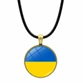 Ukraine-Flaggen-Halskette mit rundem Glasanhänger und Bronze-Finish auf Kordel - Blau und Gelb Flagge (JY006311-1)