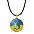 Ukraine Flagge Halskette mit Bronze-Wappen Anhänger und schwarzem Flechtseil - Staatswappen Flagge (JY006311-2)