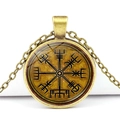 Nordic Viking Vegvisir compass pendant necklace with bronze chain and glass dome - Vintage Yellow Viking Compass Style (JY006521-2)