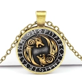 Detailed view of bronze Viking pendant featuring chasing wolves and Runic alphabet - Mythic Gold Wolf Rune Style (JY006521-6)