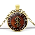 Close-up of bronze Viking Elder Futhark rune pendant with gold symbols on red background - Deep Red Rune Style (JY006521-12)