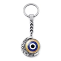 Detailweergave van zilveren roterende maan sleutelhanger met Turks boze oog bedel - Opengewerkte Textuur Stijl (JY006337-3)