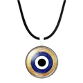 Blue Turkish Evil Eye glass pendant necklace on black cord with golden textured foil base - Gold Foil Concentric Eye Style (JY006345-3)