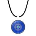 Blue Turkish evil eye glass pendant necklace with a black leather cord on white background - Blue Texture Base Eye Style (JY006345-4)